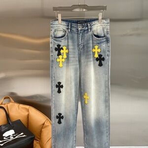 Chrome Hearts Light Wash Straight Leg Jeans with Yellow & Black Cross Patches
